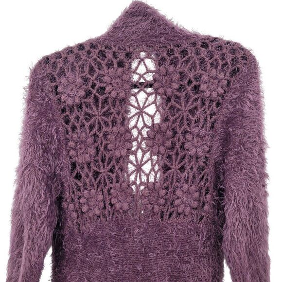 Eyelash Purple Crochet Tunic Cardigan Coatigan M Chic A-line Open Floral Back - Picture 4 of 11